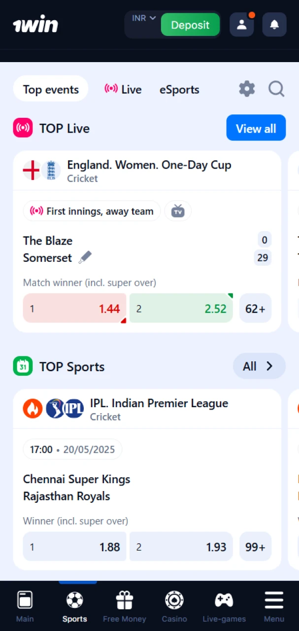 Choose a section and start betting or playing on the 1win app.