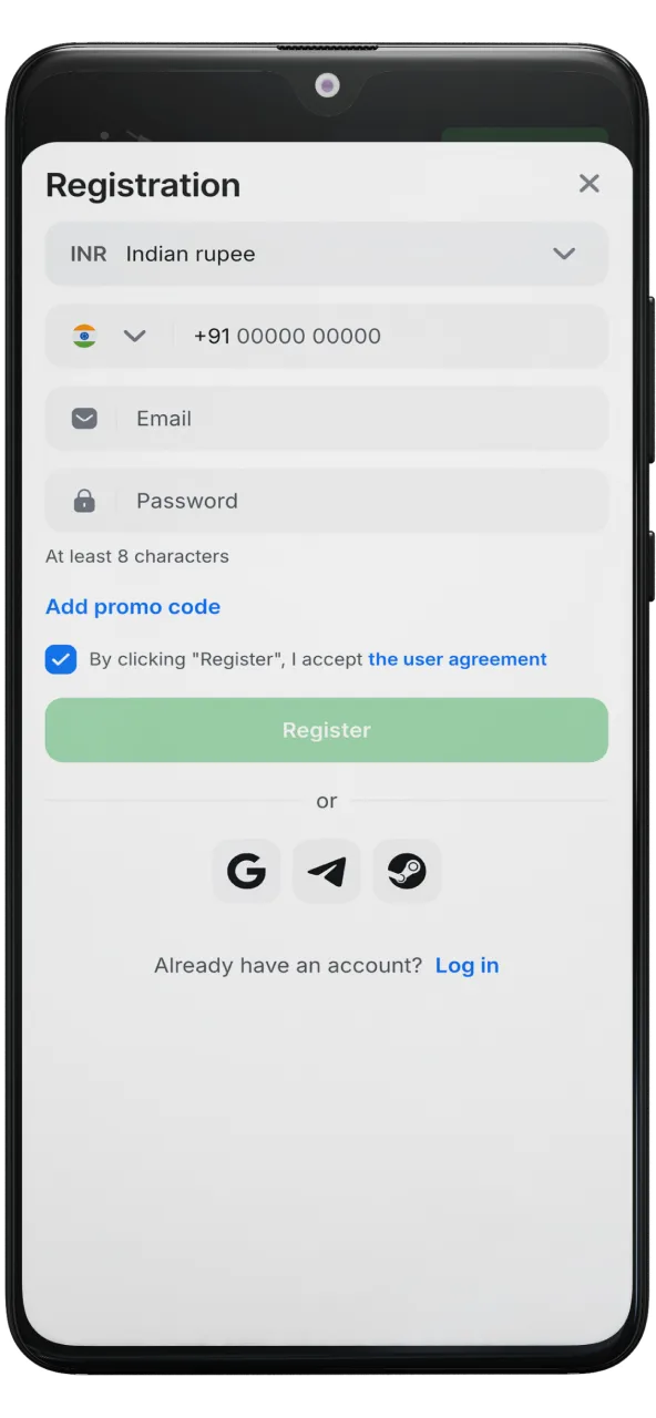 Screenshot of the registration form in 1win app.